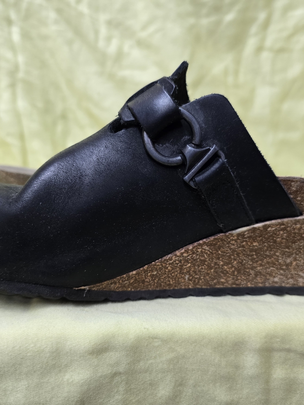 Papillio Black Leather Cork-Wedge Mule with Ring Detail